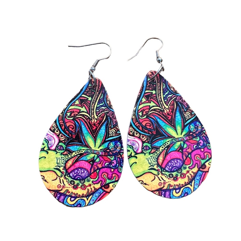 Vibrant Colorful Design Wood Teardrop Drop Earrings
